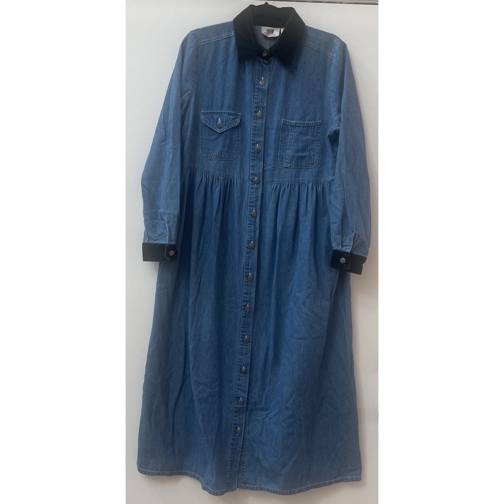 Vintage Faded Glory Long Denim Dress Black‎ Collar Button Front Women's 10 Y2K